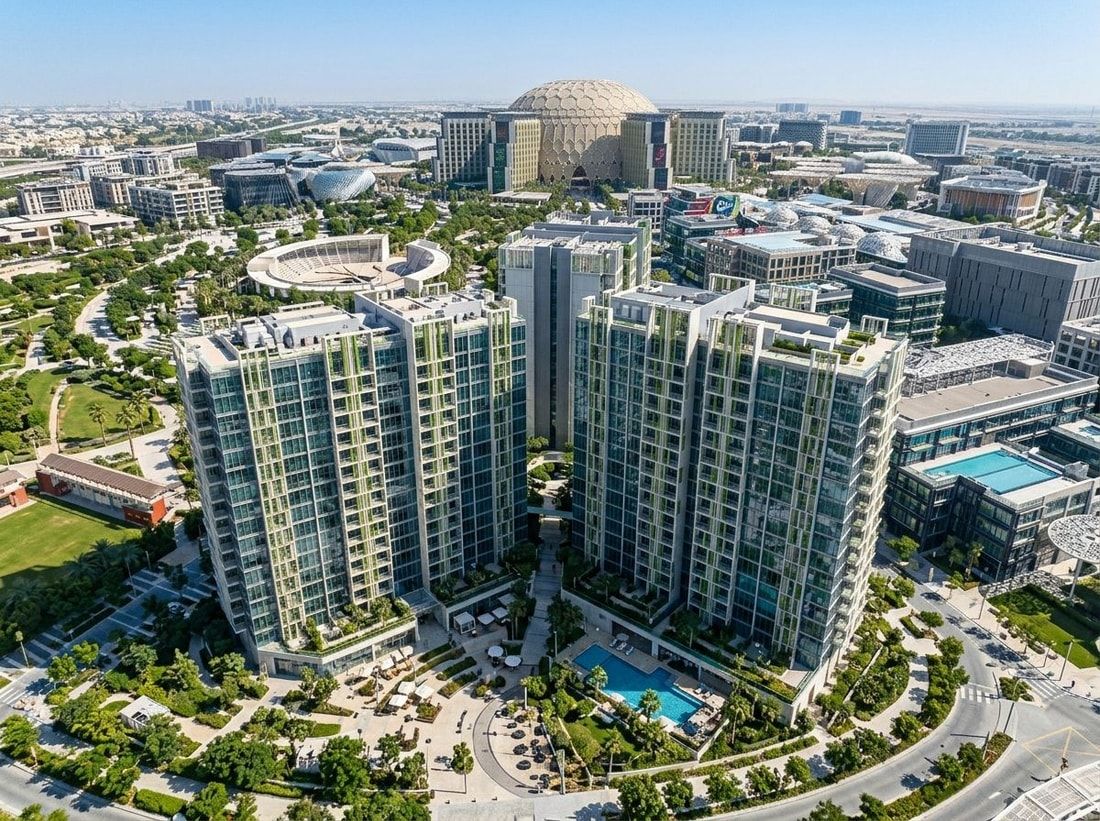 Lotniczy widok zielonej dzielnicy Expo City Dubai