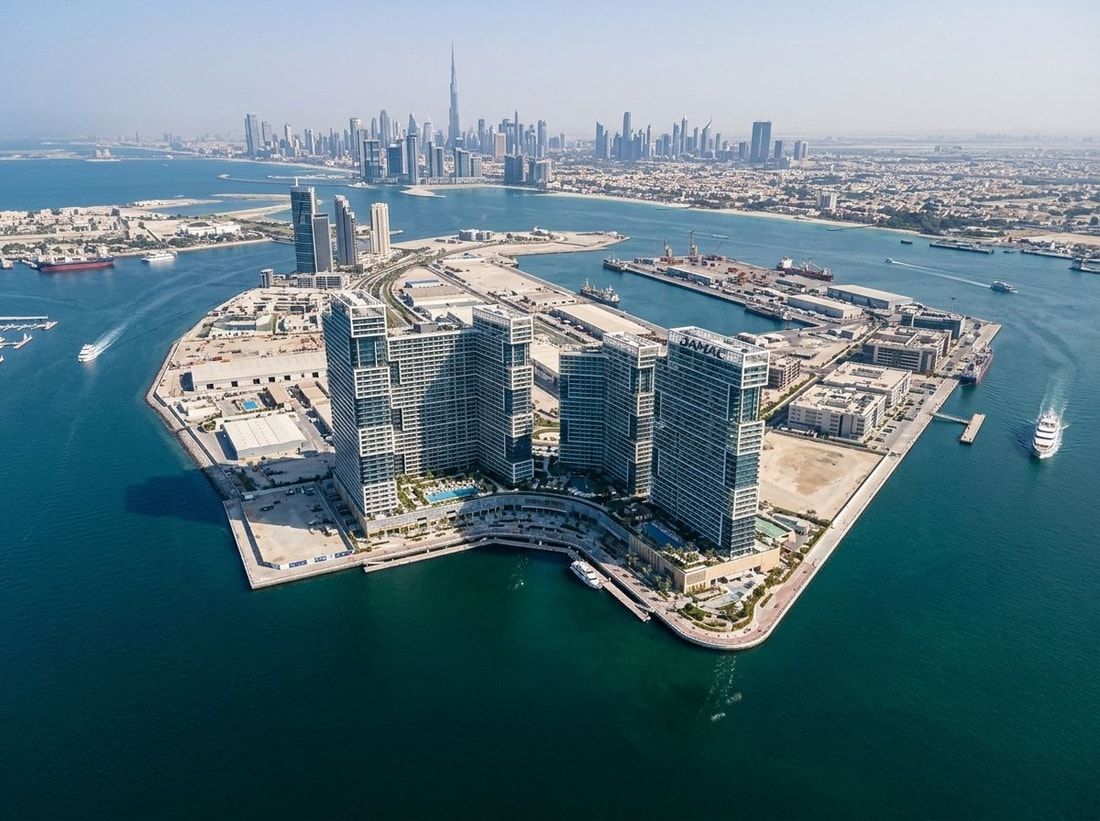 Lotniczy widok Chelsea Residences w Dubai Maritime City nad morzem