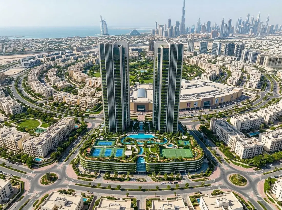 Lotniczy widok zielonej dzielnicy Jumeirah Village Circle