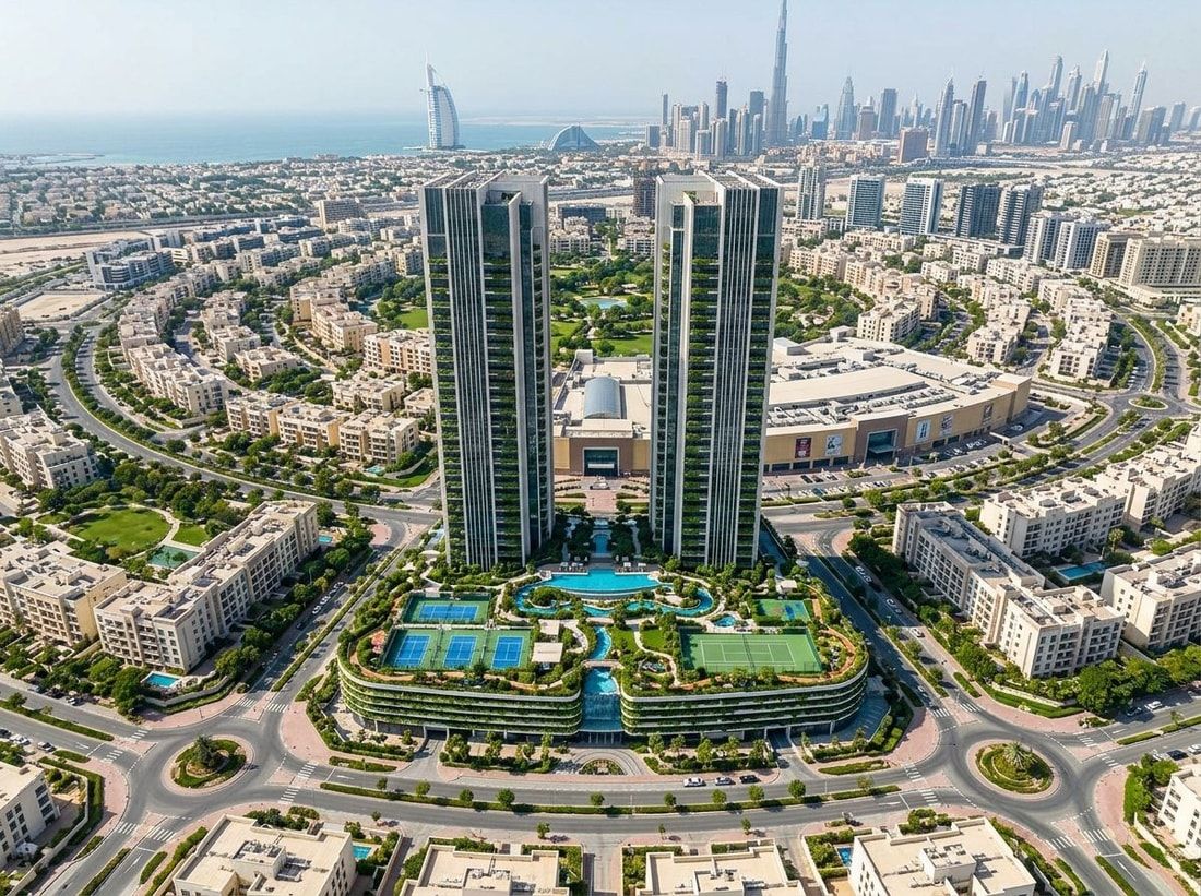 Lotniczy widok zielonej dzielnicy Jumeirah Village Circle