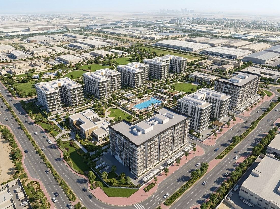 Lotniczy widok dzielnicy mieszkaniowej w Dubai Industrial City