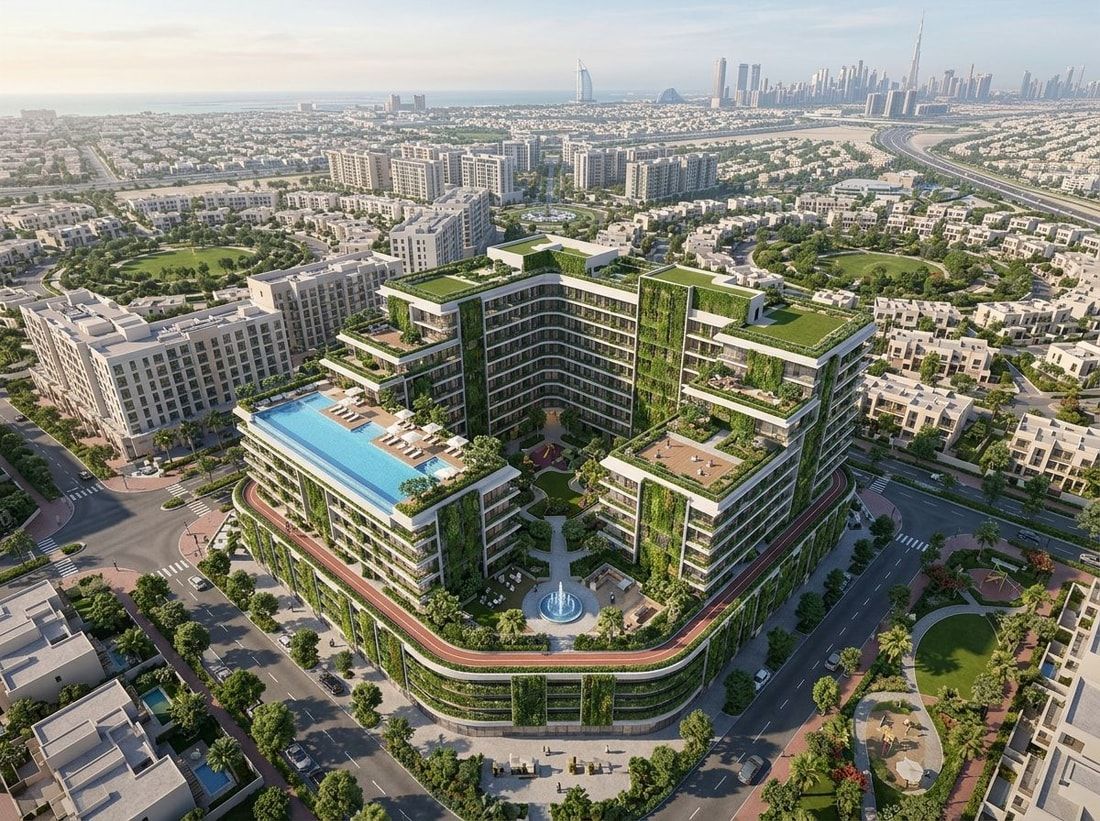 Lotniczy widok Vitality Residence w Jumeirah Village Circle