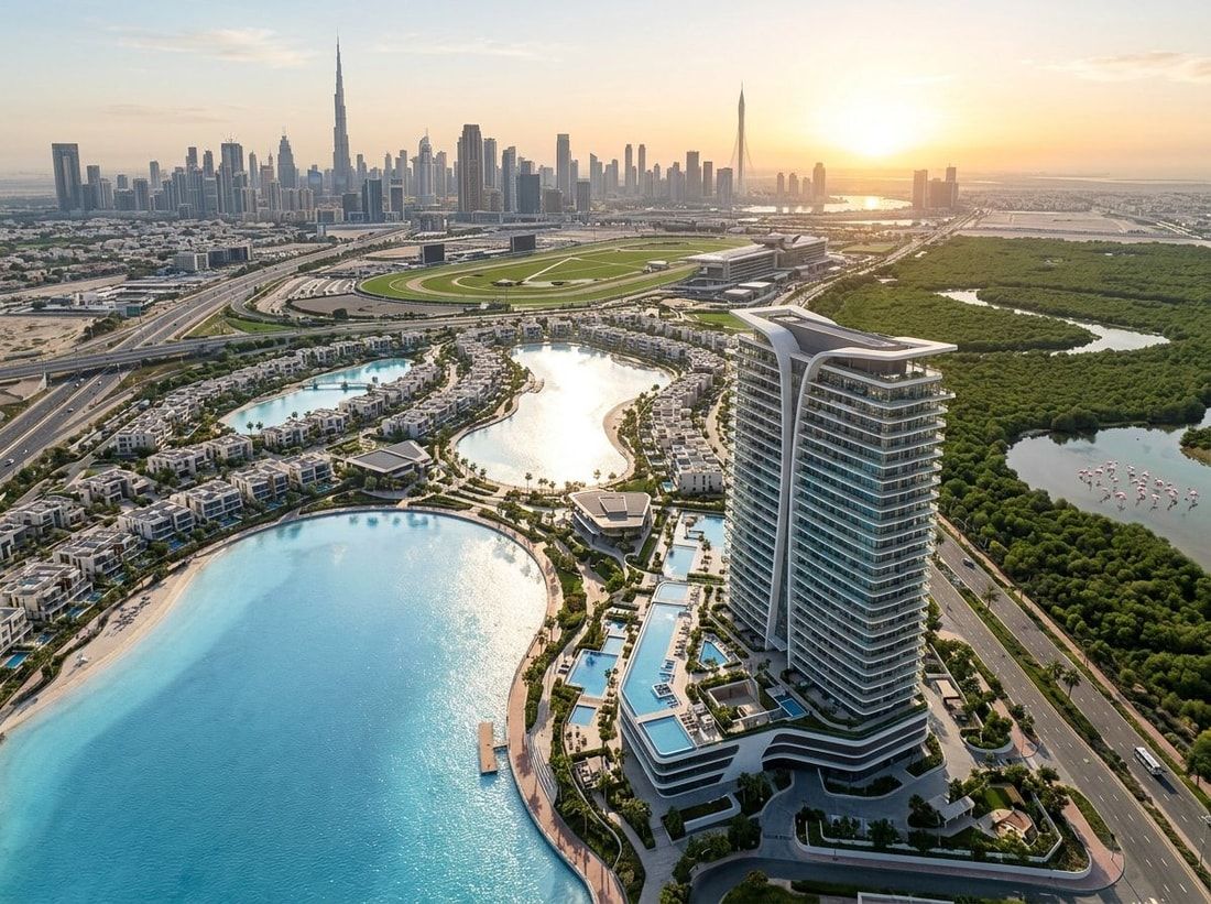 Lotniczy widok społeczności nad laguną w Meydan