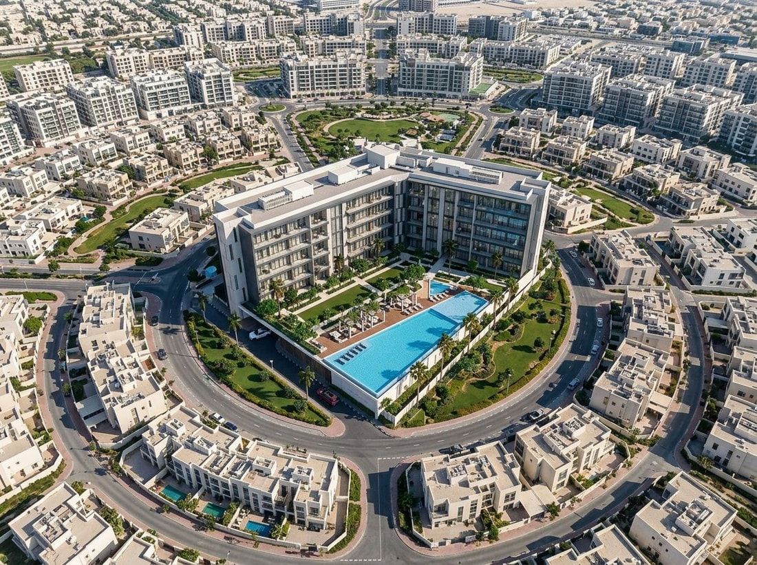 Lotniczy widok The Residence w dzielnicy Jumeirah Village Circle