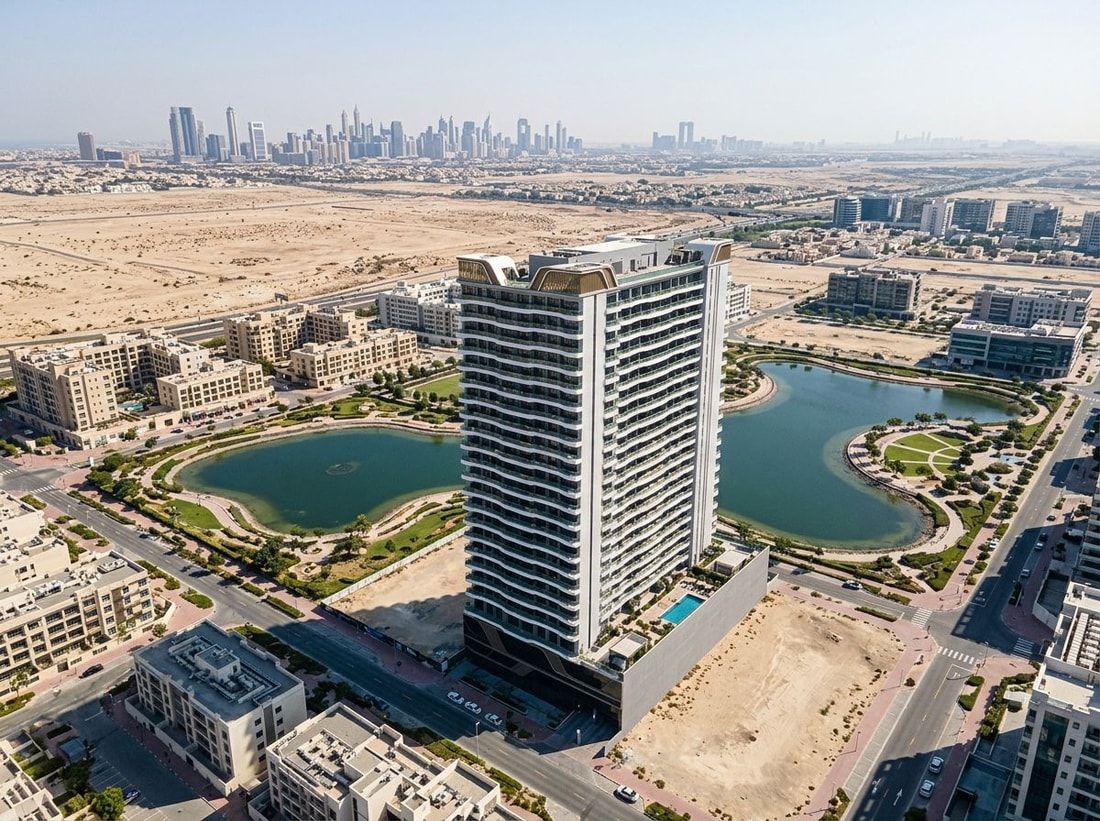 Lotniczy widok wieży REEF 996 w Dubai Production City