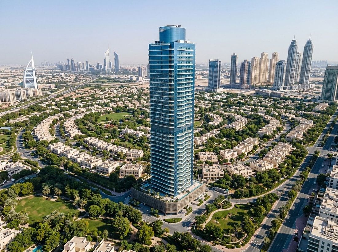 Lotniczy widok smukłej wieży Volga Tower nad zieloną dzielnicą JVT