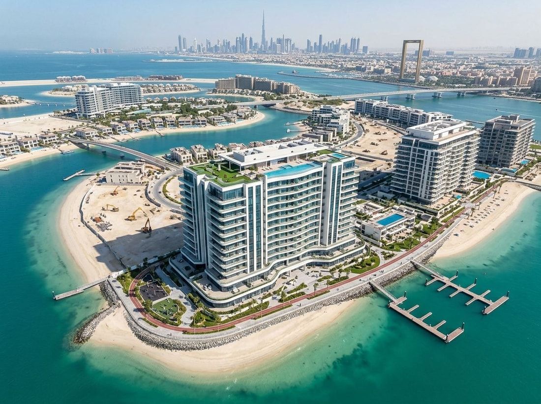 Lotniczy widok wieży Seaside wzdłuż wybrzeża Dubai Islands