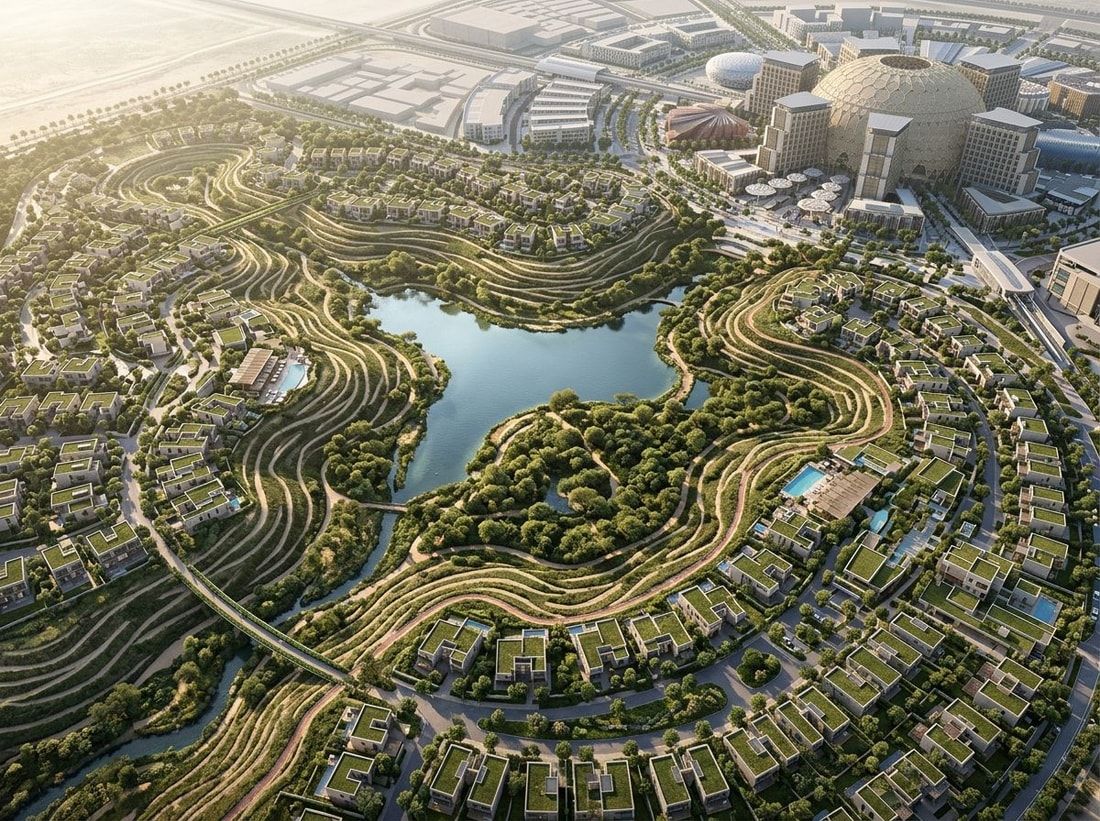 Lotniczy plan willowego osiedla Expo Valley z jeziorem i rezerwatem