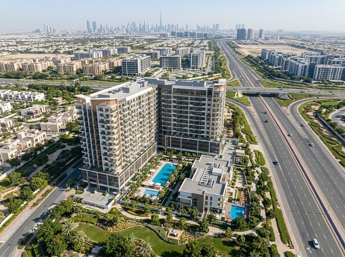 Lotniczy widok osiedla Weybridge Gardens w Dubailand przy głównej trasie