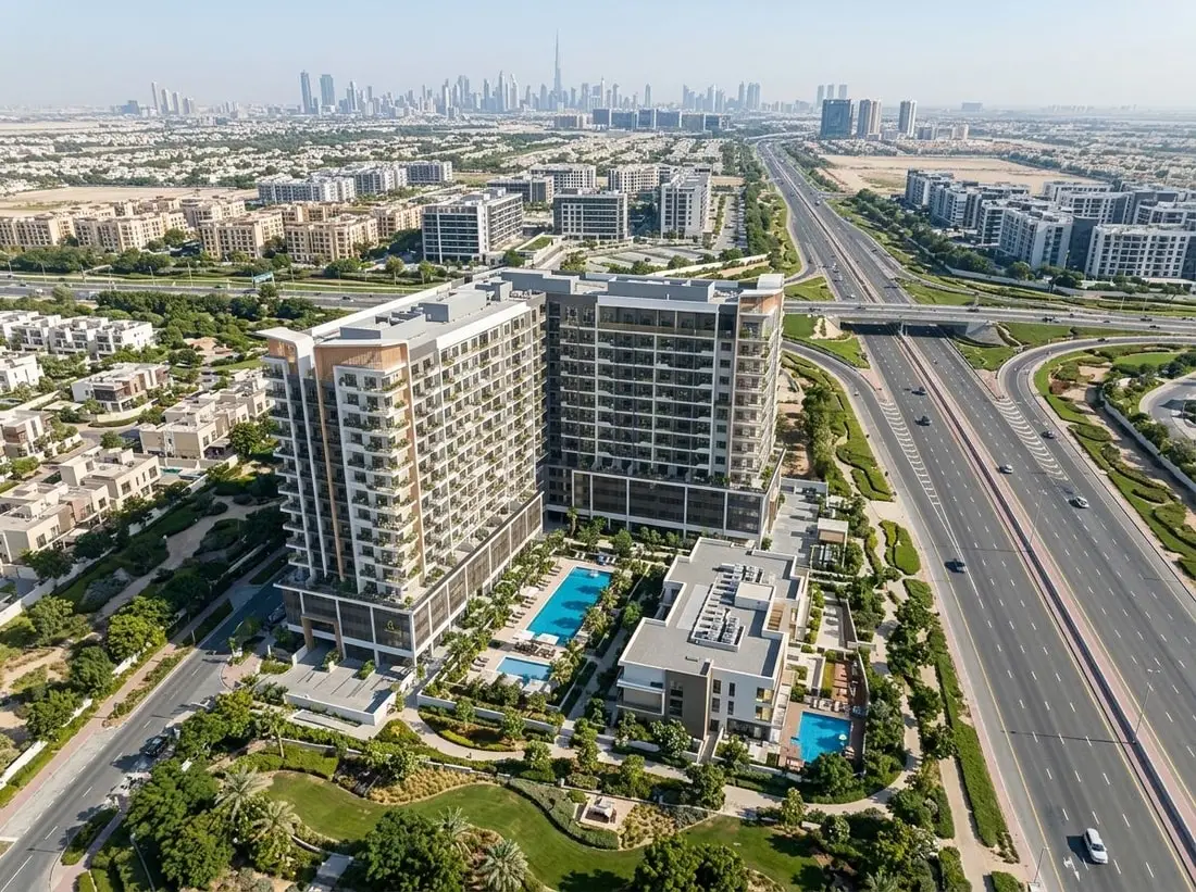 Lotniczy widok osiedla Weybridge Gardens w Dubailand przy głównej trasie