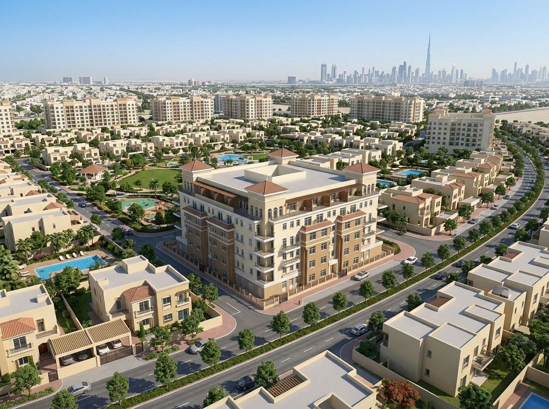 Lotniczy widok dzielnicy Jumeirah Village Circle wokół Astoria Residence