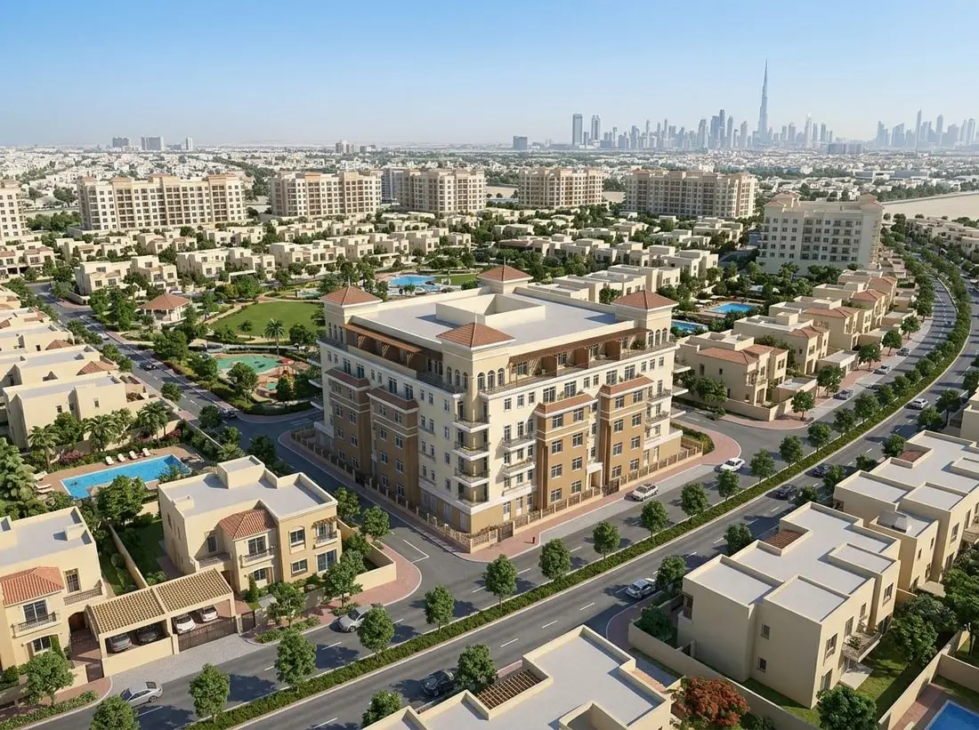 Lotniczy widok dzielnicy Jumeirah Village Circle wokół Astoria Residence