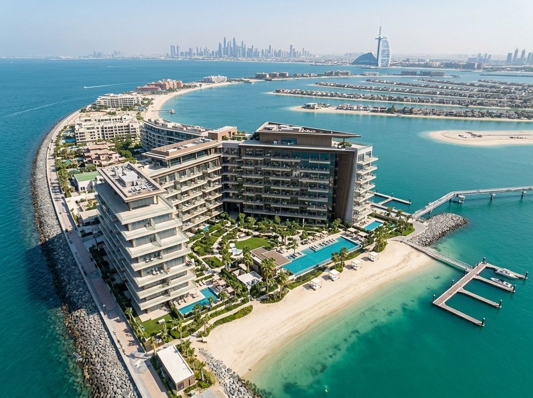Lotniczy widok Ellington Beach House na Palm Jumeirah nad morzem