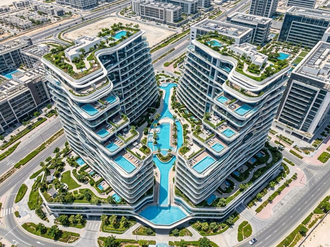 Lotniczy widok nadwodnego apartamentowca Vincitore Aqua Dimore w Dubai Science Park