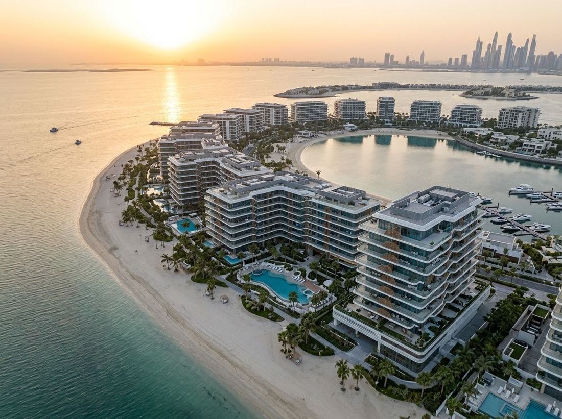 Lotniczy widok nadmorskiej społeczności na Dubai Islands