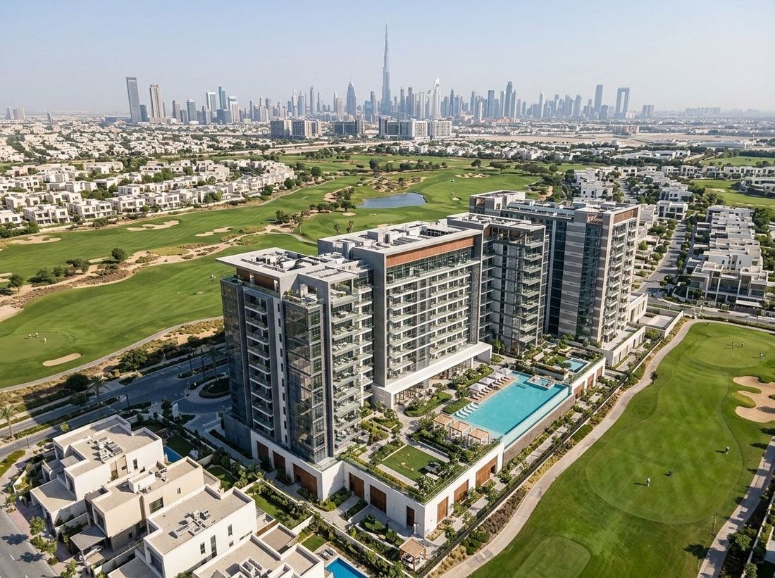 Lotniczy widok Ellington House w Dubai Hills Estate nad polem golfowym