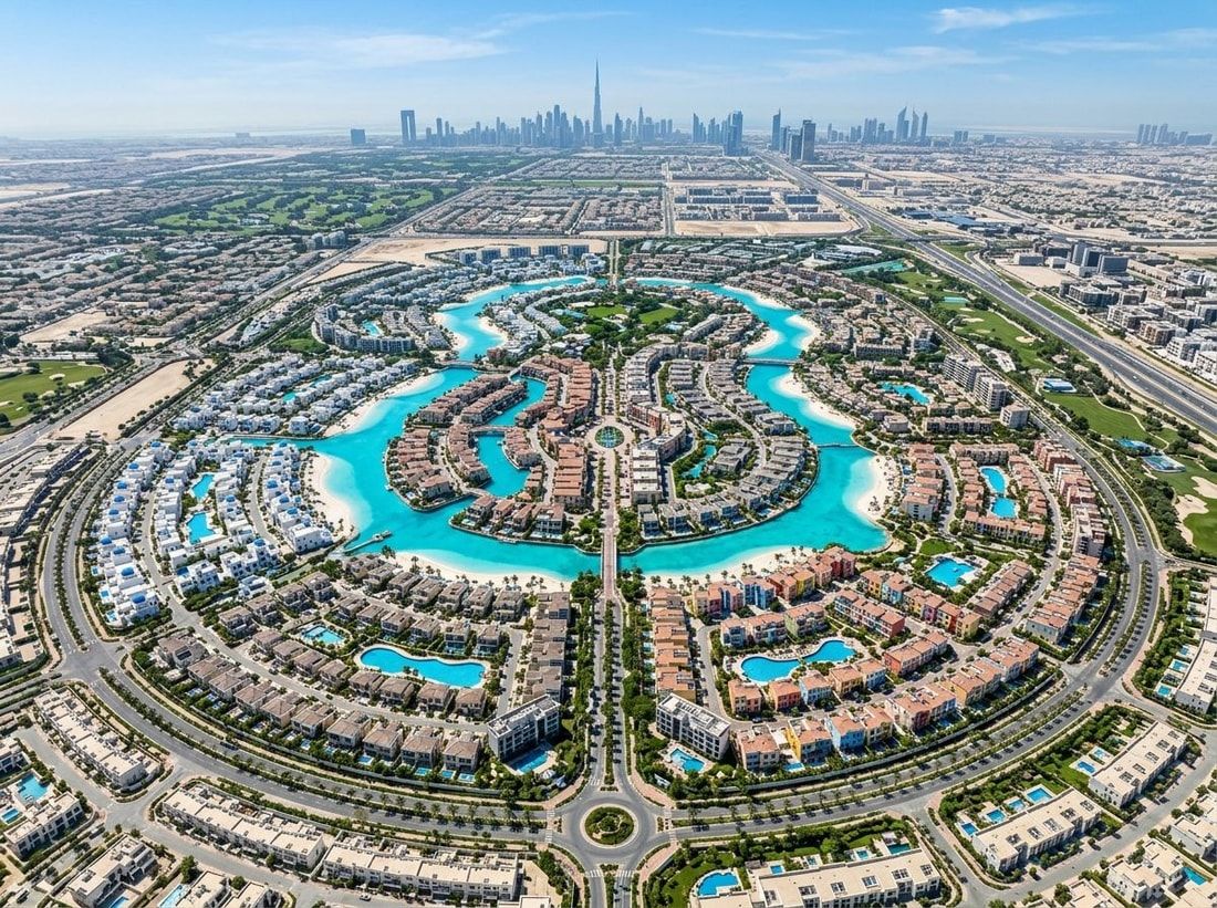 Lotniczy plan DAMAC Lagoons z turkusowymi lagunami i klastrami willi