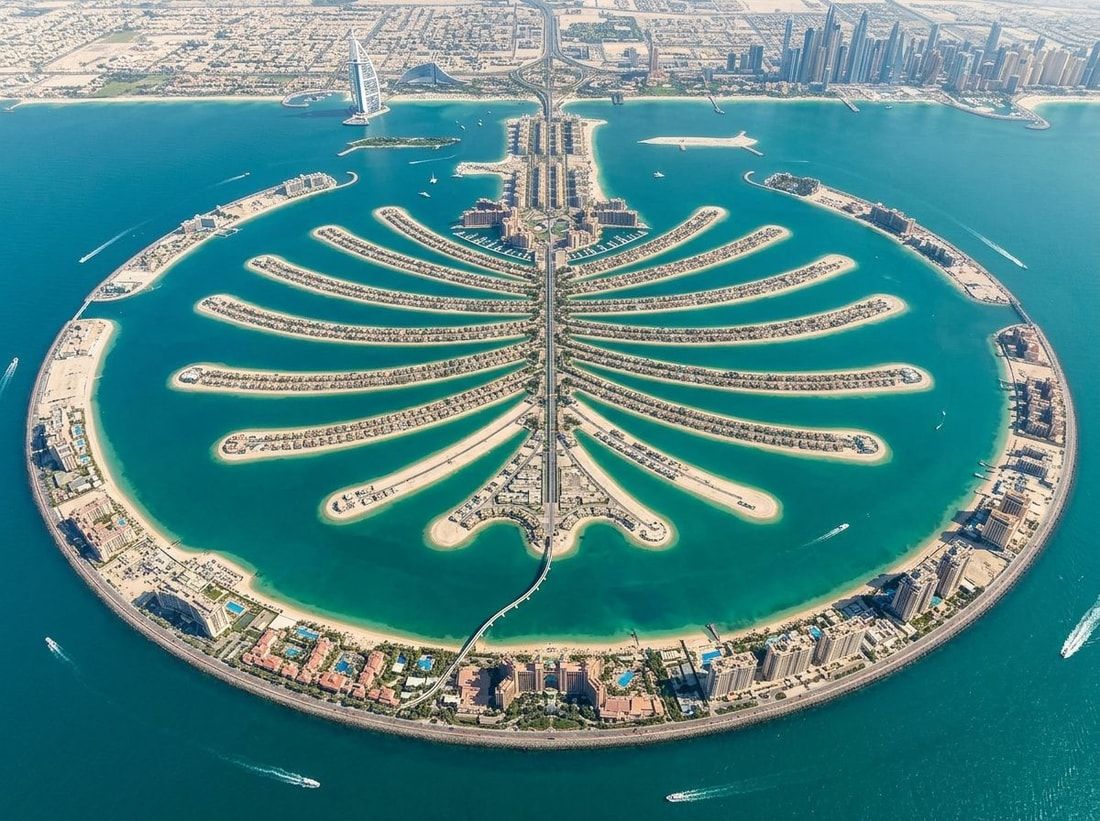 Lotniczy widok całej wyspy Palm Jumeirah z liśćmi i pniem
