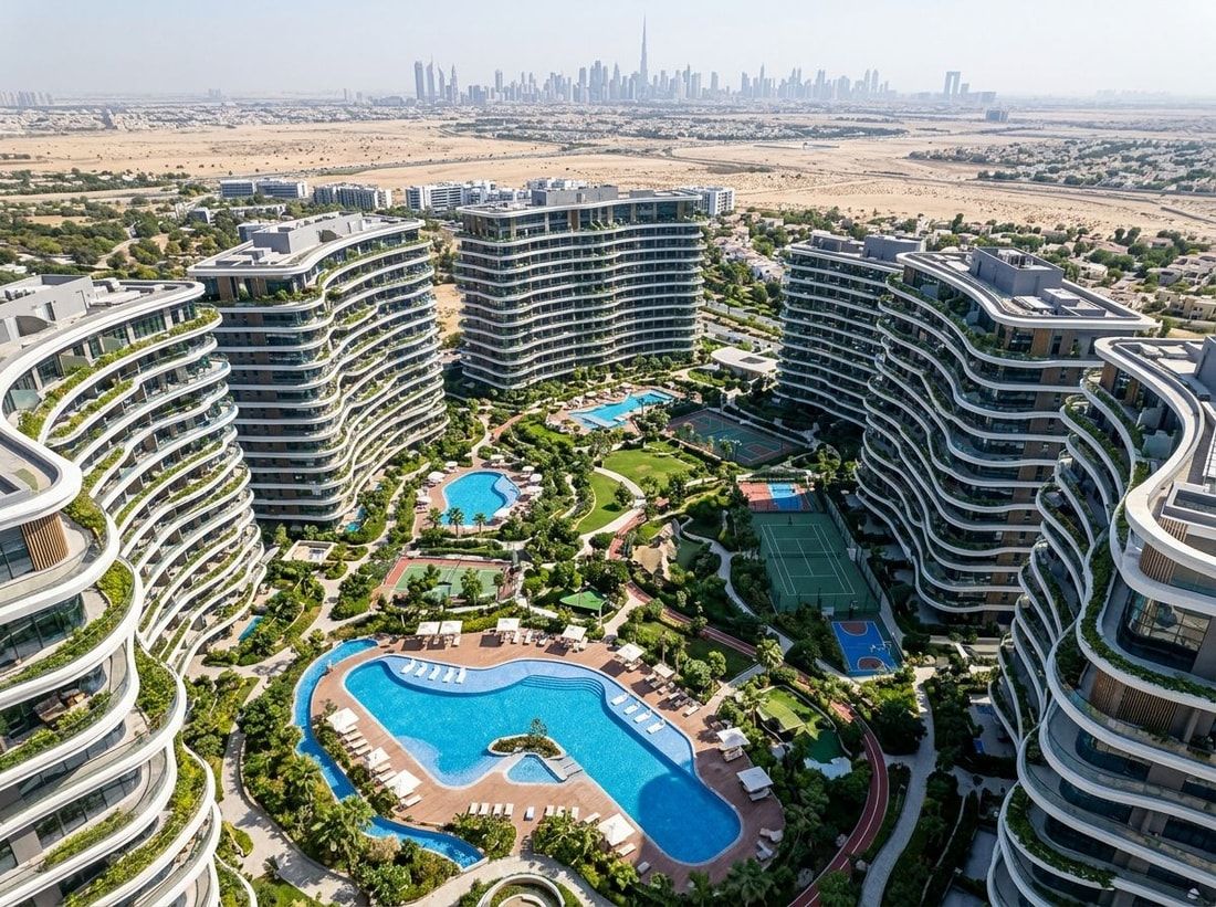 Lotniczy widok zielonej społeczności w Majan Dubailand