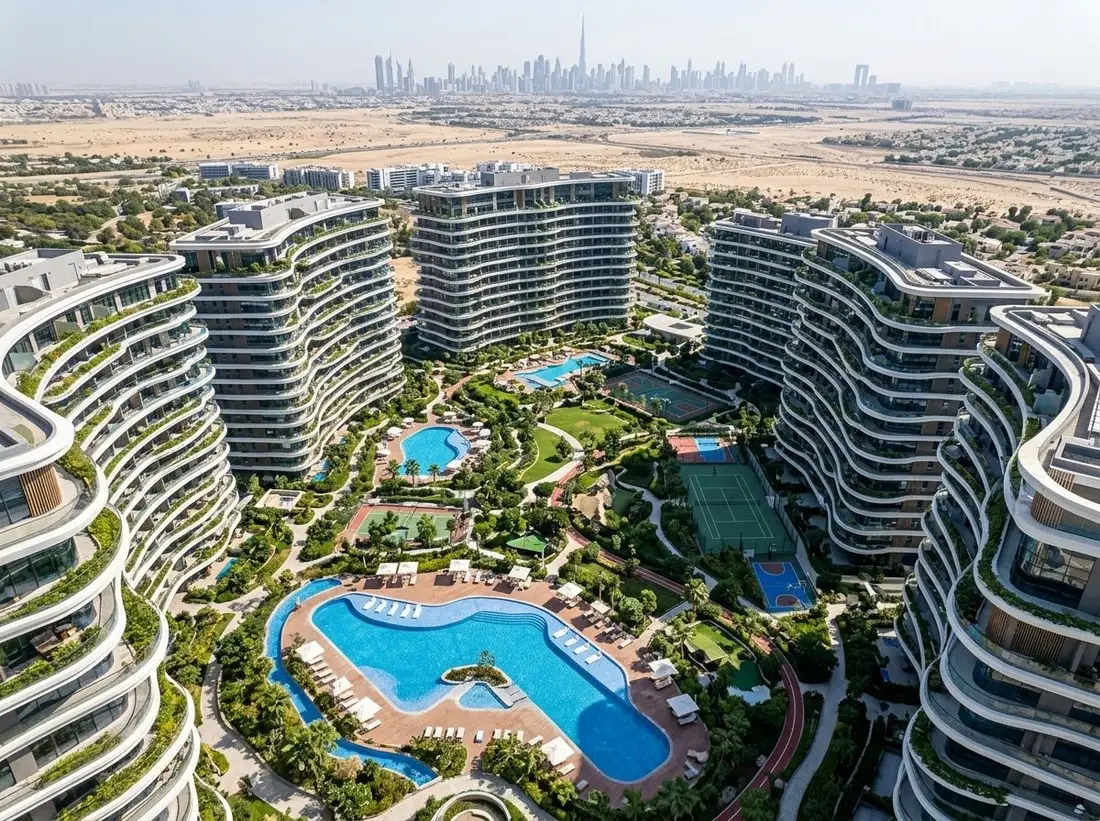 Lotniczy widok zielonej społeczności w Majan Dubailand