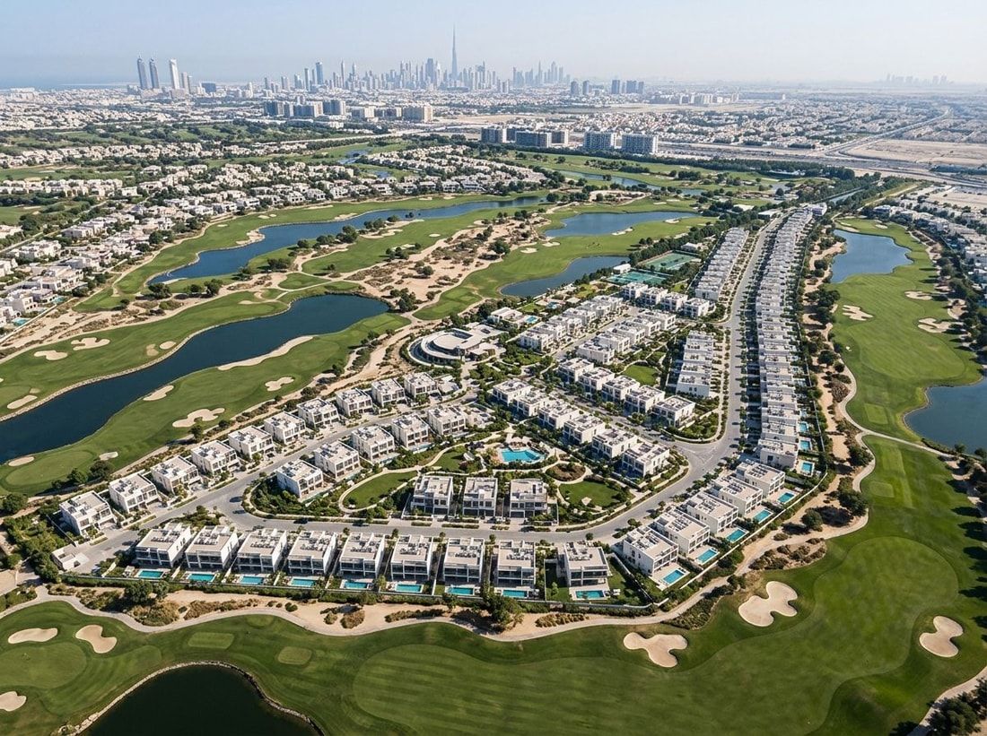 Lotniczy plan willowej społeczności w Jumeirah Golf Estates