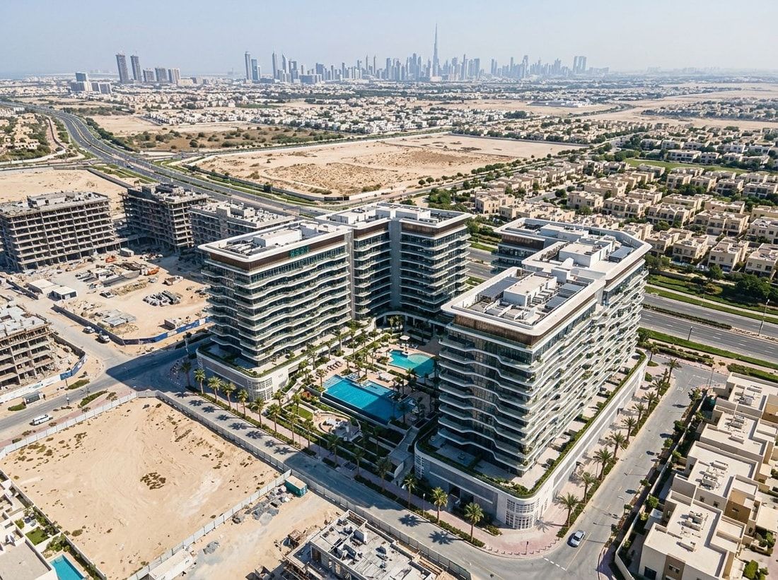 Lotniczy widok wieży REEF 1000 w Dubailand