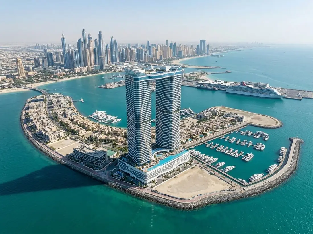 Lotniczy widok wież Danube Oceanz w Dubai Maritime City