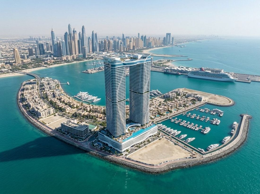 Lotniczy widok wież Danube Oceanz w Dubai Maritime City
