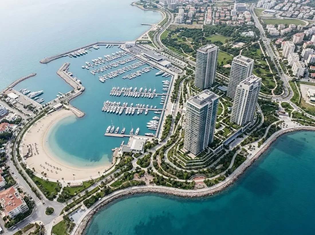 Lotniczy widok nadmorskiego założenia trzech wież z mariną i plażą w Dubai Harbour