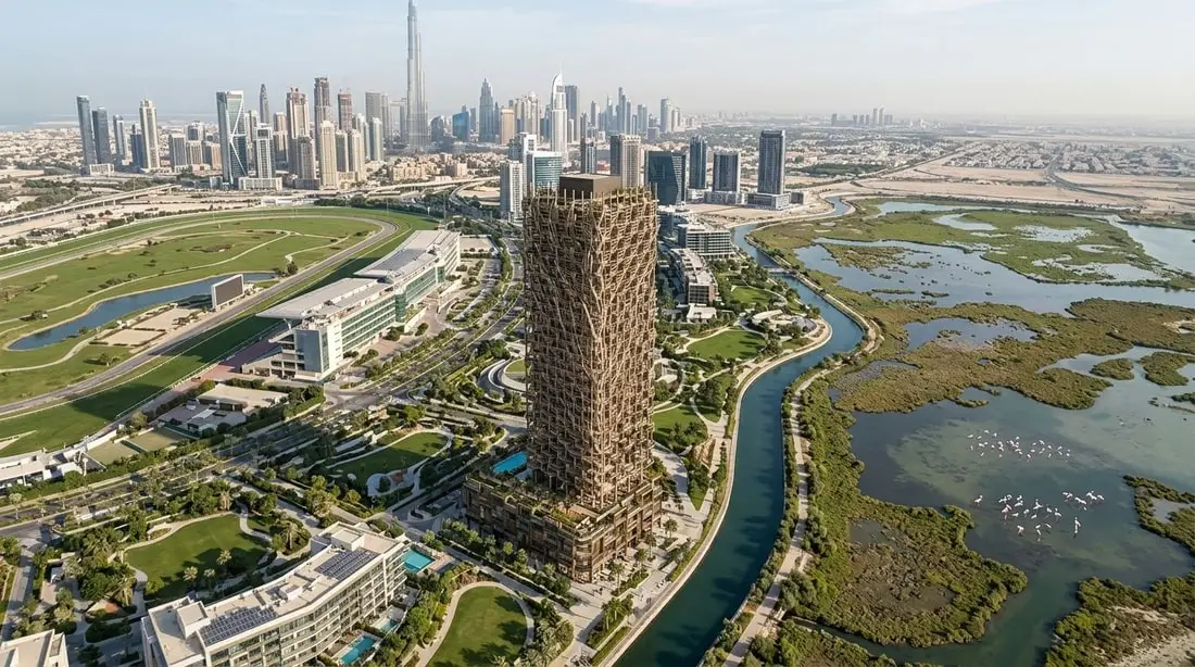 Lotniczy widok wieży The Symphony w dzielnicy Meydan przy Ras Al Khor