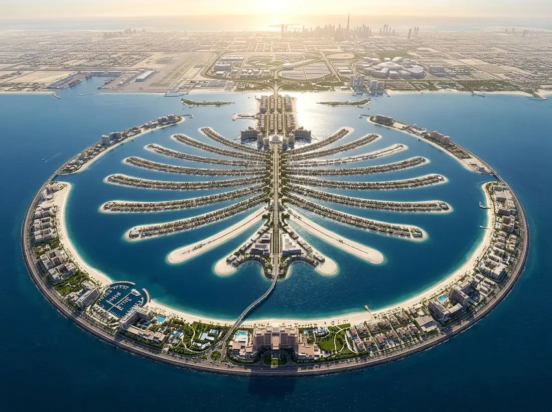 Lotniczy widok całej wyspy Palm Jebel Ali z liśćmi