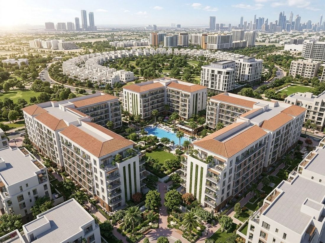 Lotniczy widok Cavendish Square w JVC z zielonym dziedzińcem