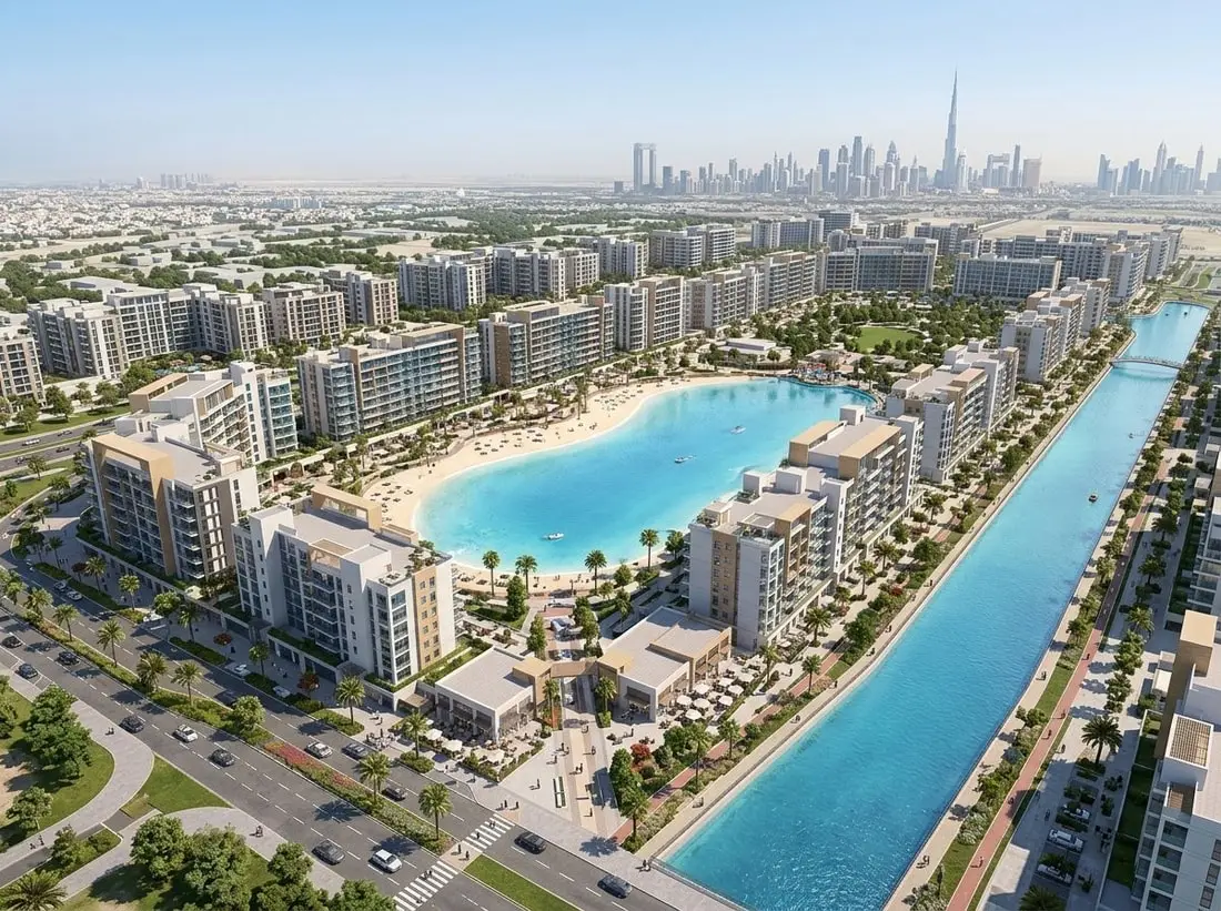 Lotniczy widok Azizi Riviera z kanałem, laguną i zabudową