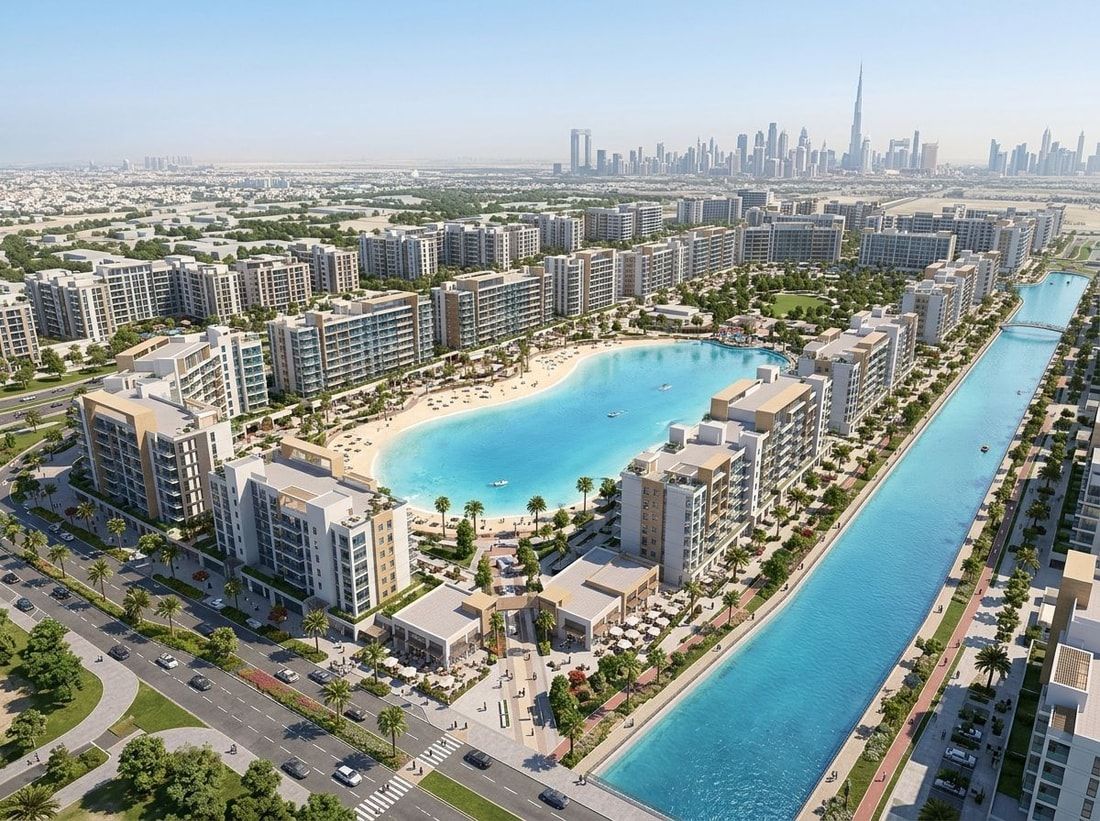 Lotniczy widok Azizi Riviera z kanałem, laguną i zabudową