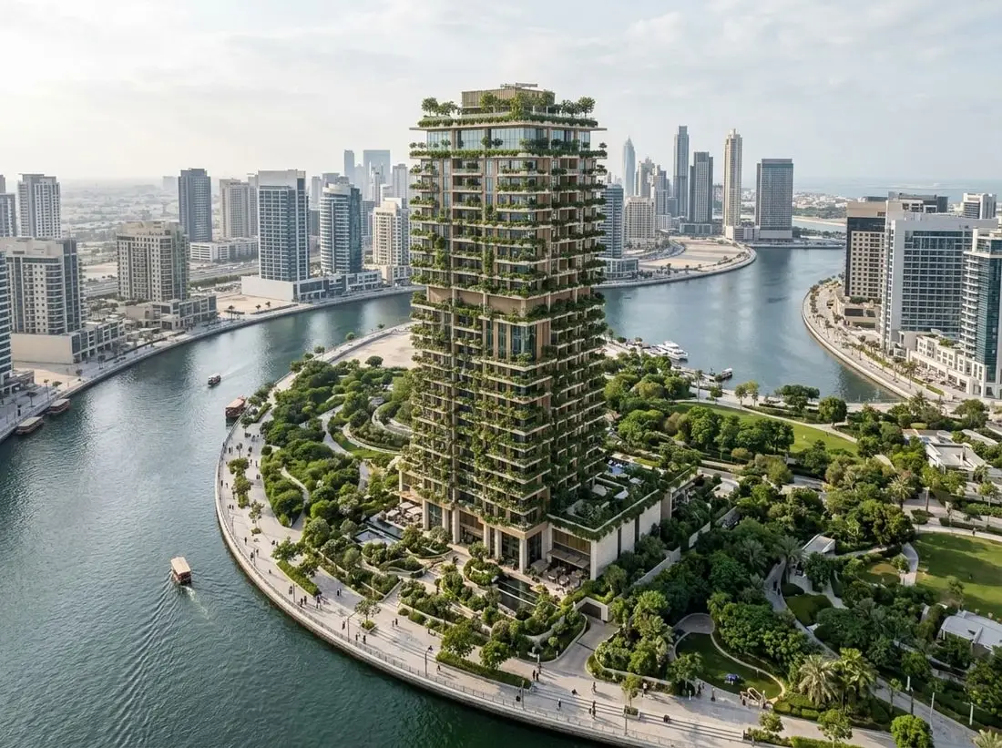 Lotniczy widok wieży Eywa nad Dubai Water Canal wśród zieleni Business Bay