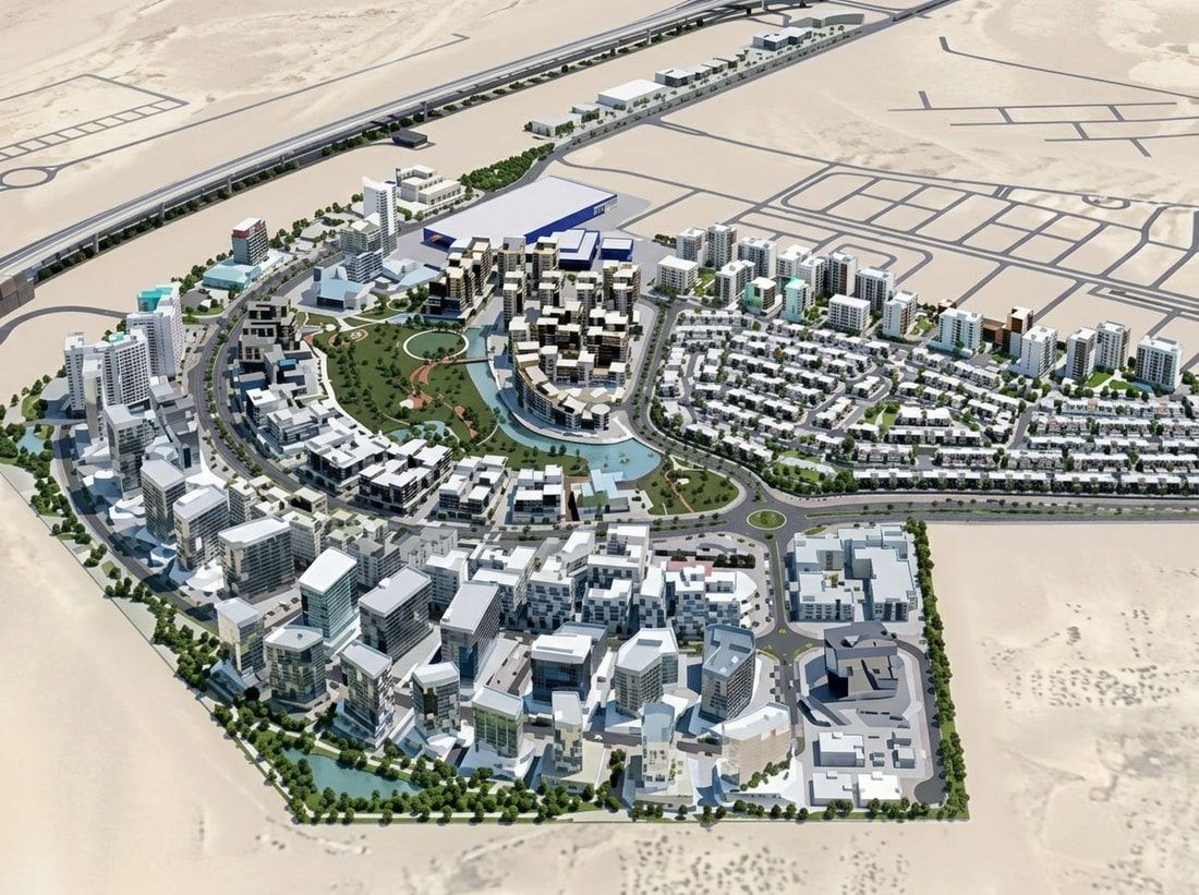Lotniczy plan mieszanego kompleksu wasl Gate z parkiem centralnym