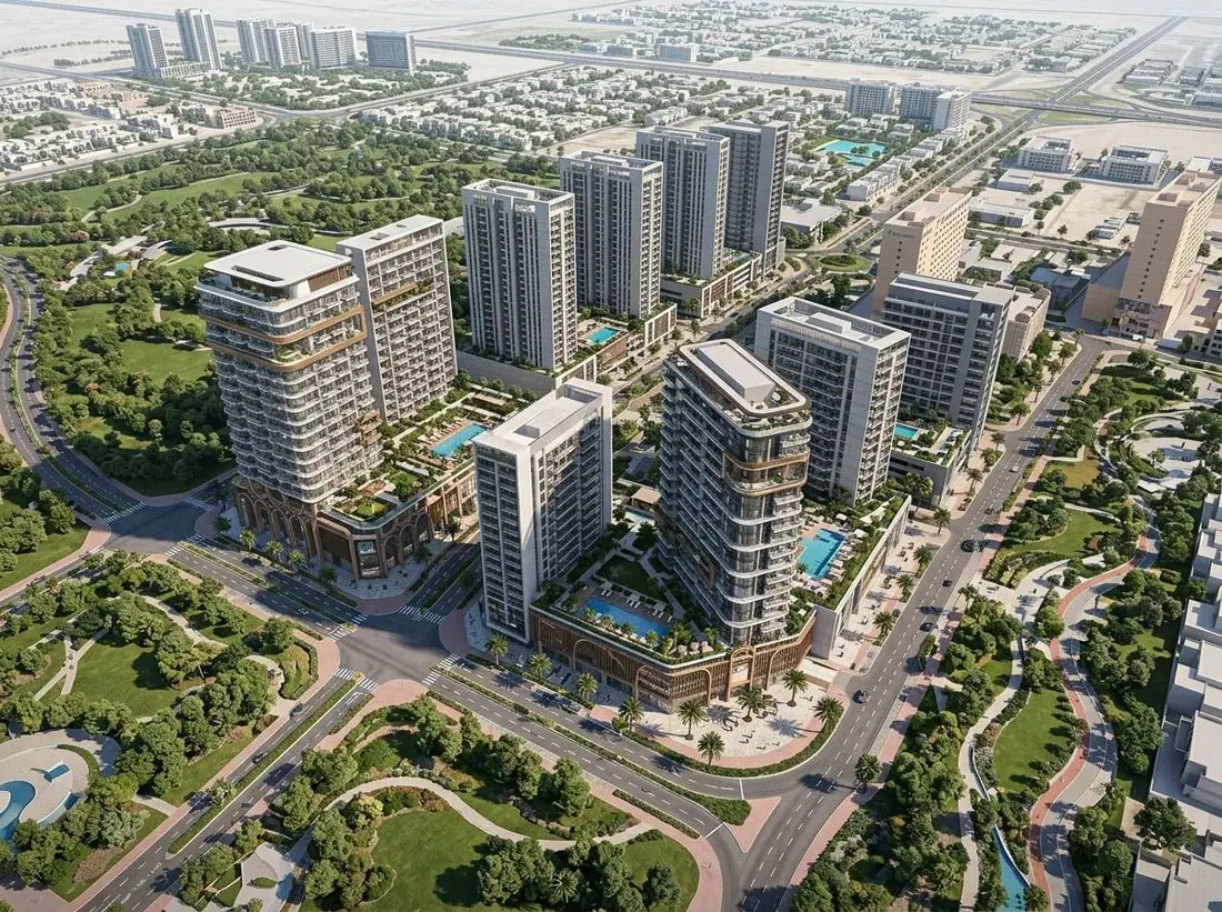 Lotniczy plan zabudowy Arjan z budynkami, parkami i drogami