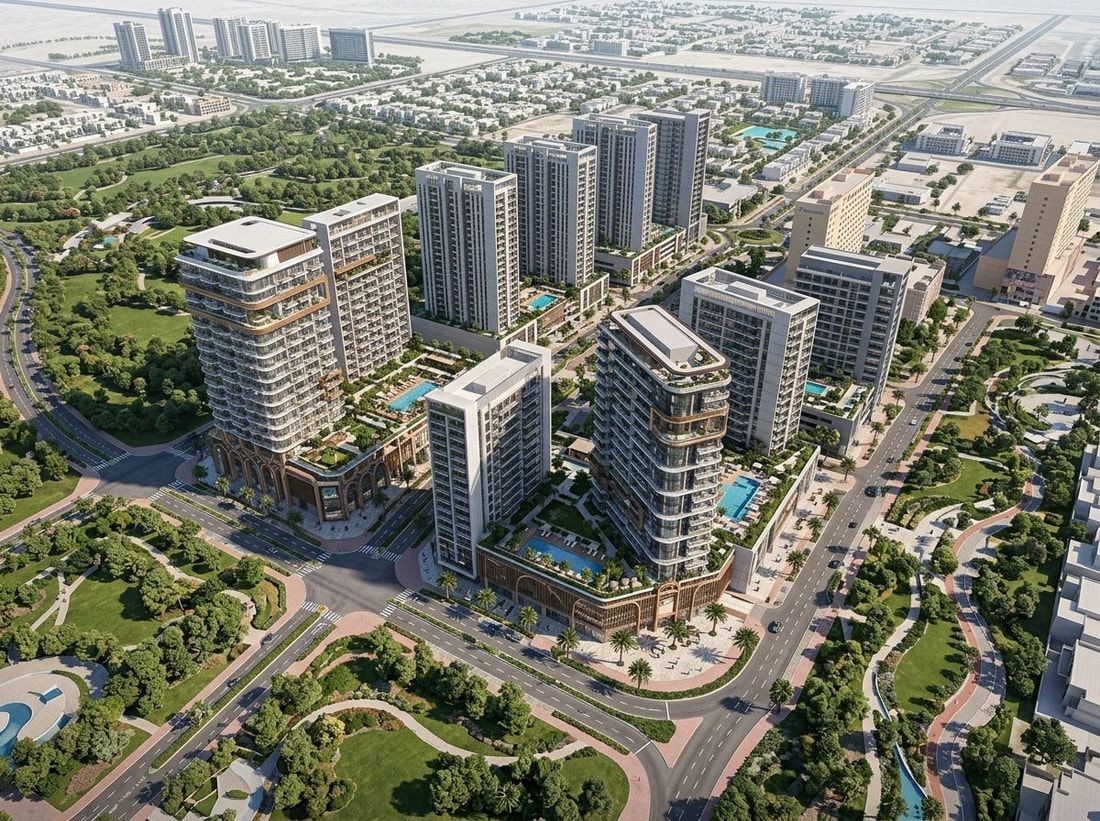 Lotniczy plan zabudowy Arjan z budynkami, parkami i drogami