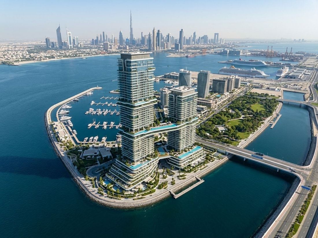 Wieża Soulever na cyplu Dubai Maritime City otoczona morzem
