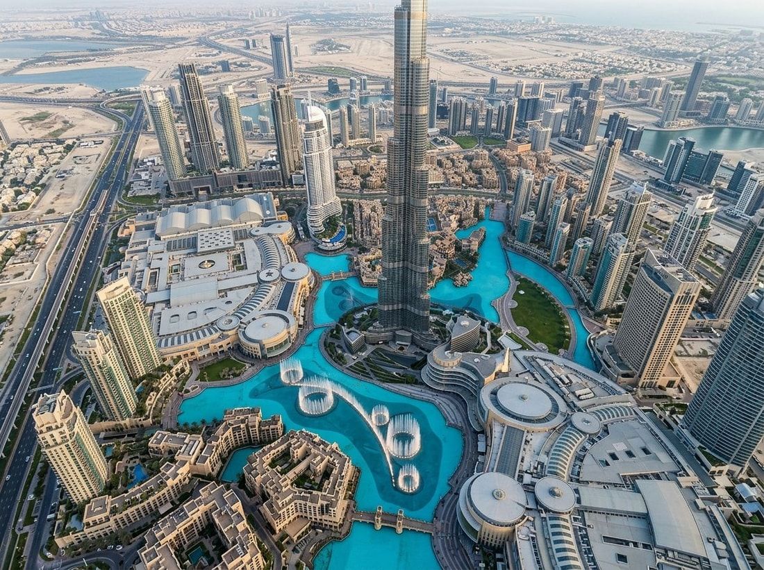 Lotniczy widok Downtown Dubai z Burj Khalifa i jeziorem fontann