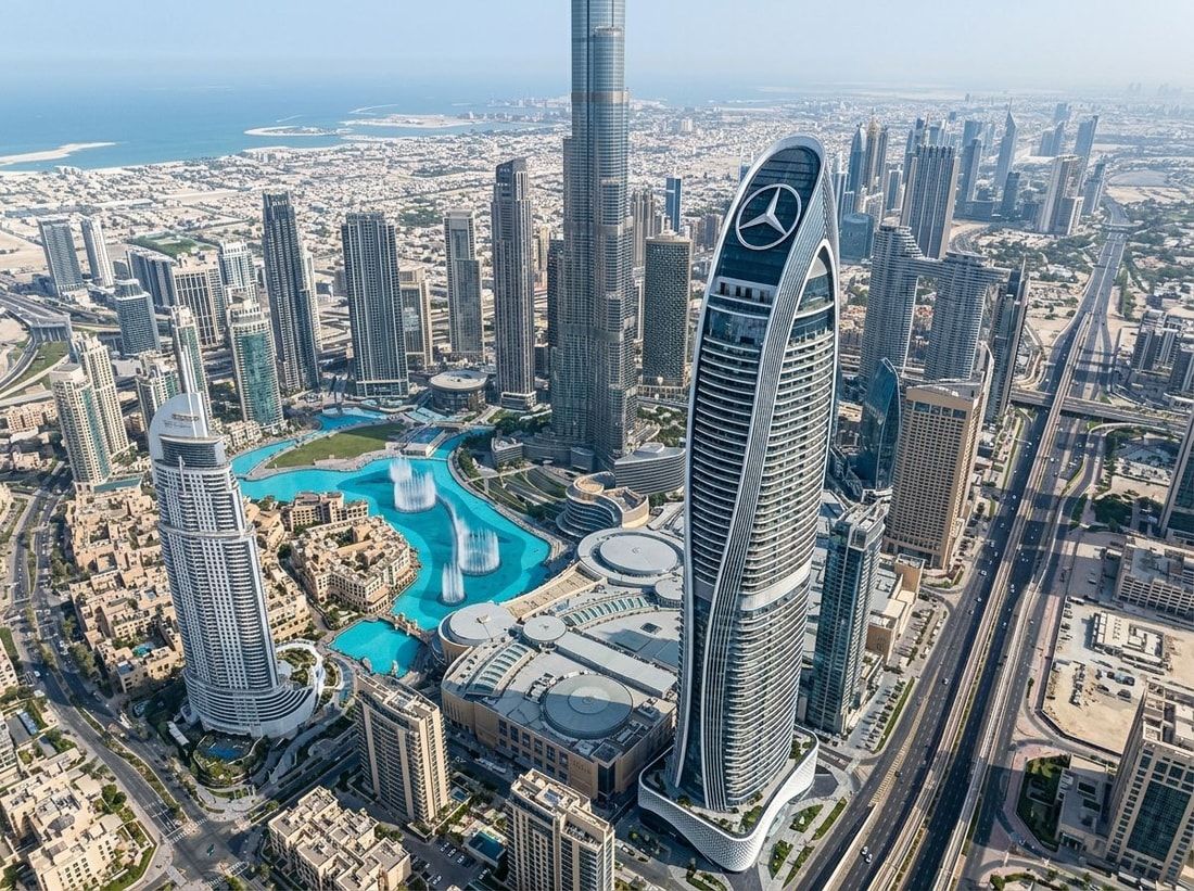 Lotniczy widok Mercedes-Benz Places w Downtown Dubai przy Burj Khalifa