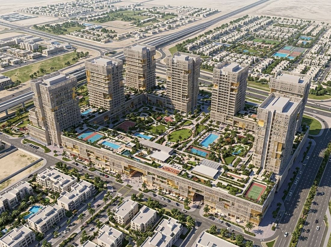 Lotniczy plan Richmond District z wieżami i wspólnym podium w Al Furjan