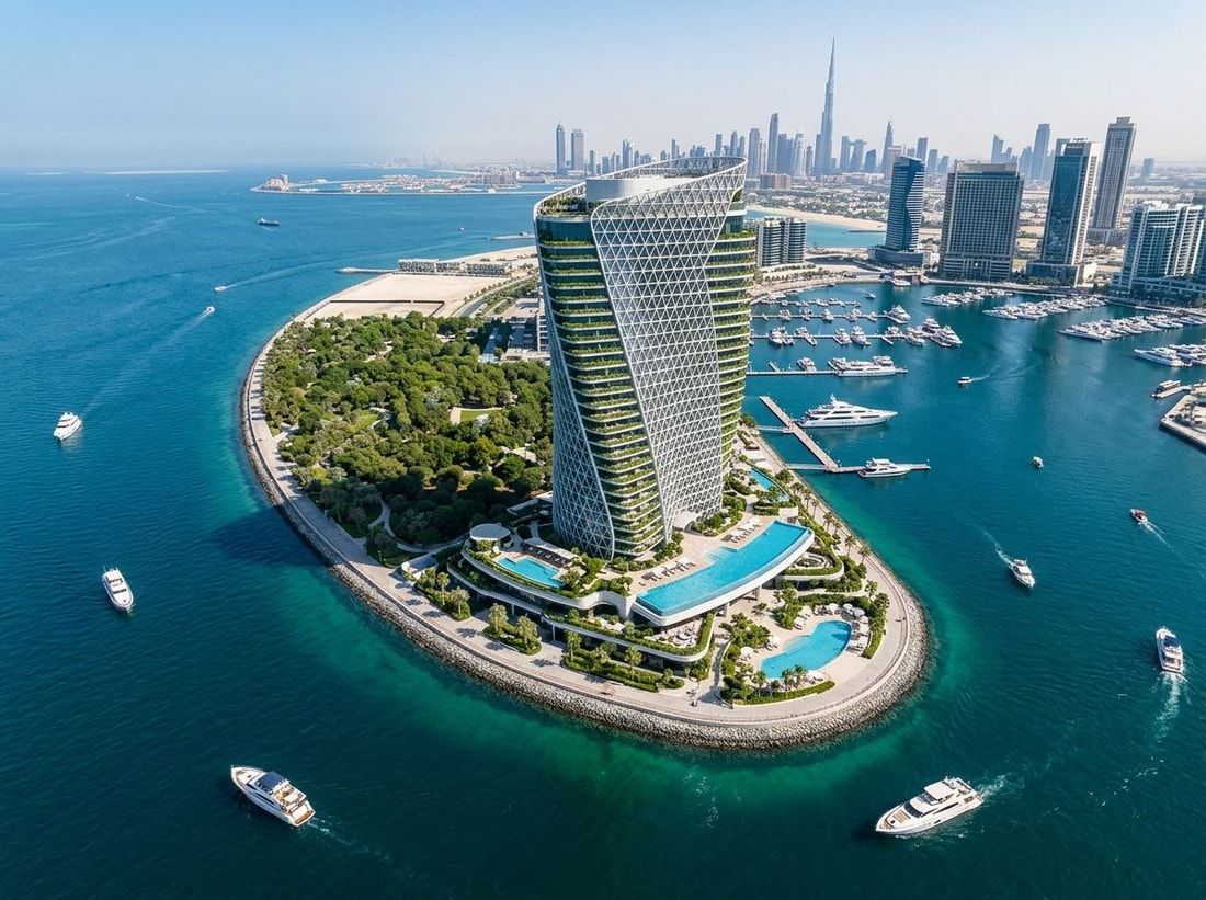 Wieże Beyond na cyplu Dubai Maritime City otoczone morzem