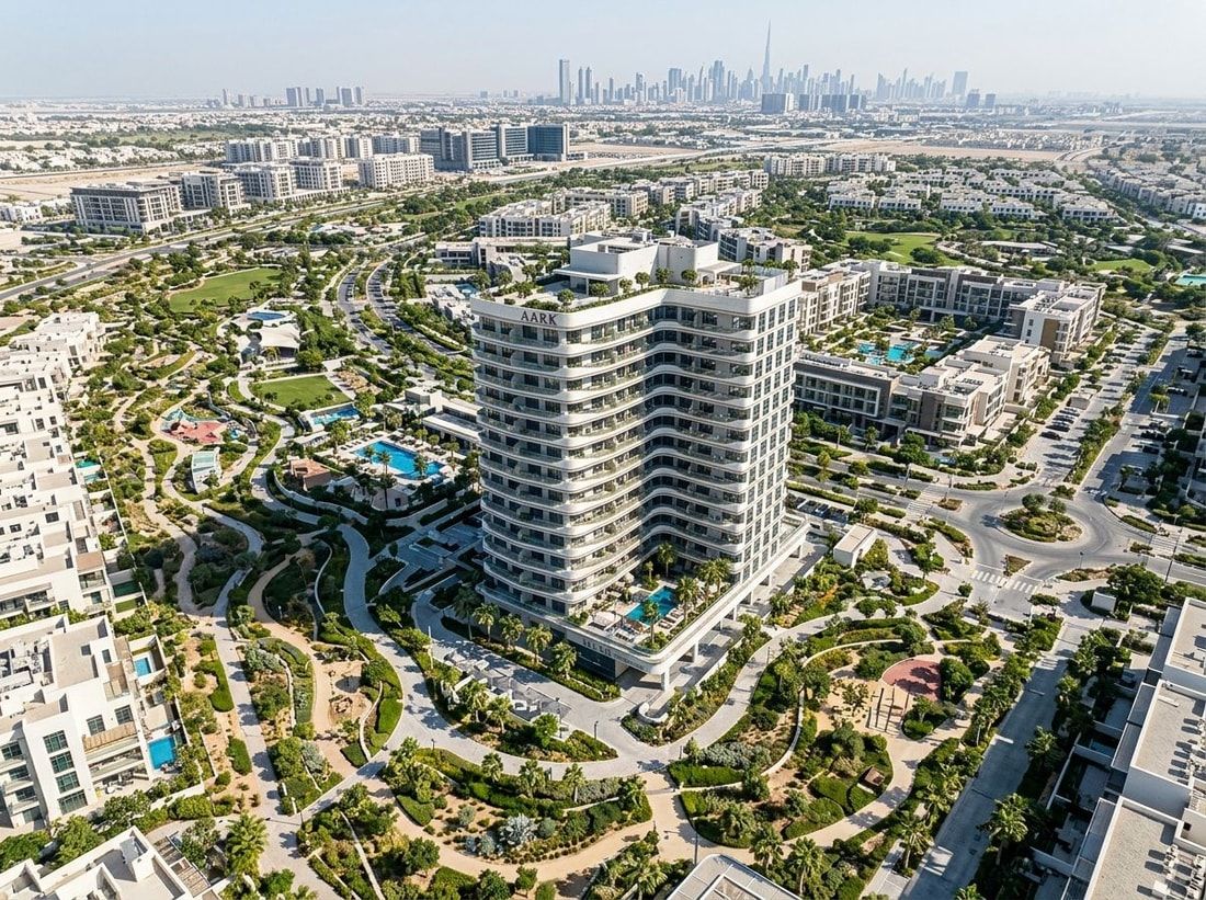 Lotniczy plan Aark Terraces w zielonej społeczności Dubailand