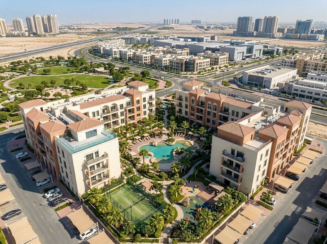 Lotniczy widok śródziemnomorskiego budynku Laya Courtyard w Dubai Studio City