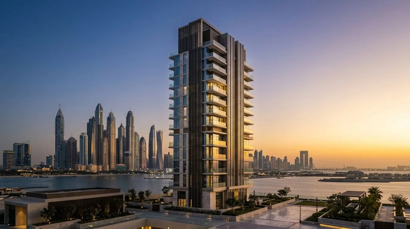 Nowoczesny apartamentowiec w Dubaju w trakcie realizacji na tle miejskiej panoramy o zachodzie słońca