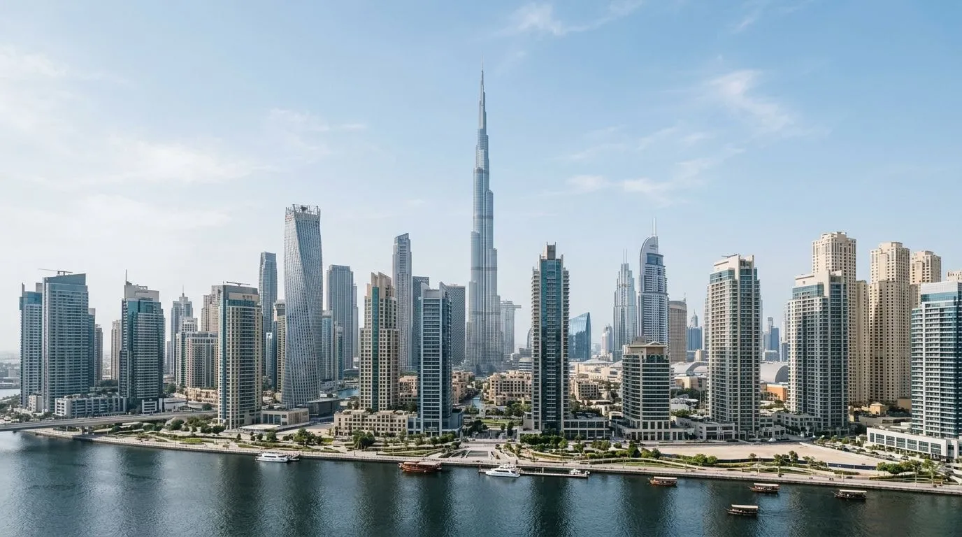 Panorama Dubaju z wysokościowcami i linią wieżowców w spokojnym świetle dziennym