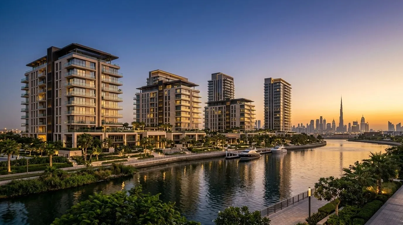 Eleganckie apartamentowce premium nad wodą w zielonej dzielnicy Dubaju o zachodzie słońca