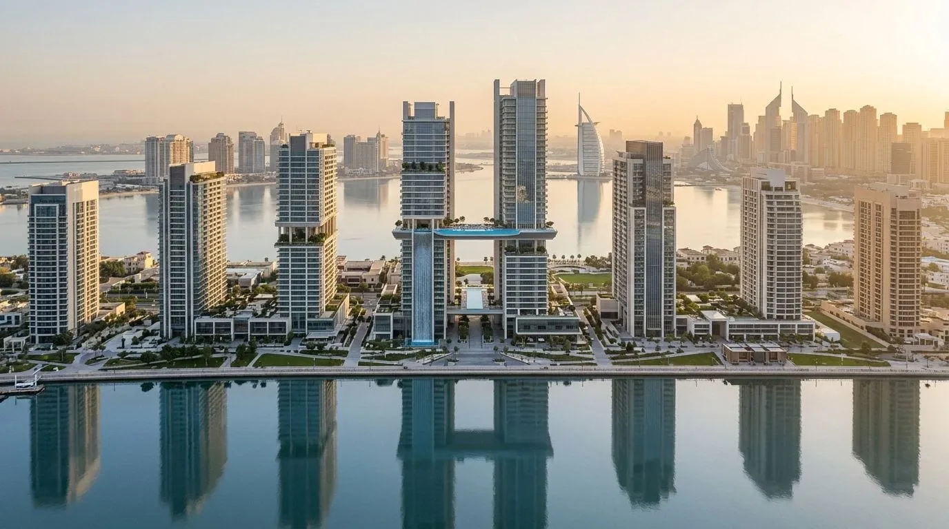 Nowoczesne apartamentowce nad wodą w Dubaju w ciepłym świetle o zachodzie słońca